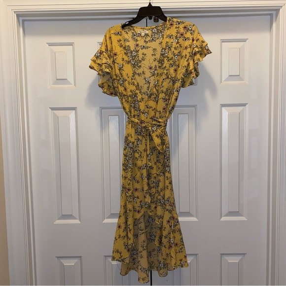 Max Studio High/Low Yellow Floral Ruffle Crepe Wrap Dress S - Picture 4 of 8